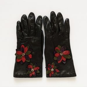 Black Leather Floral Crystal Applique Cashmere Lined Gloves | Size 7